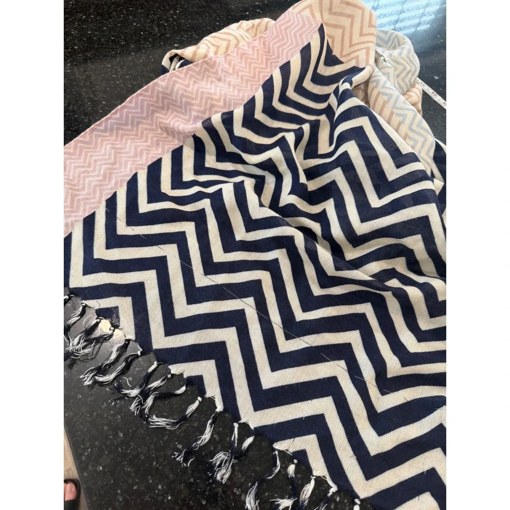 J. Crew‎ Scarf Navy Pink Chevron Wool Blend Preppy Coastal Wrap Elevated basics